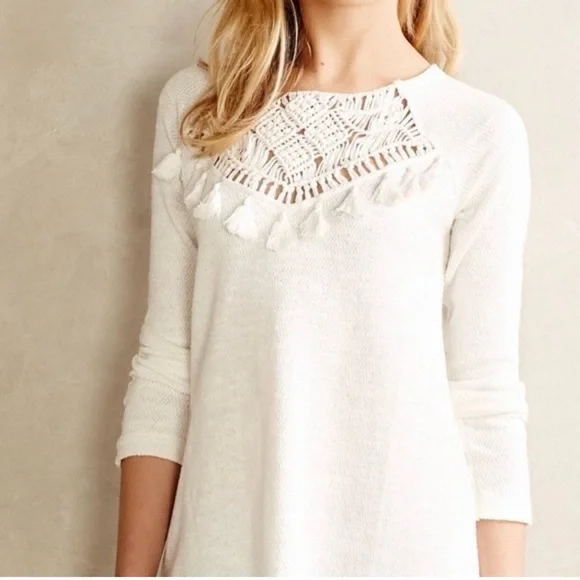 Anthropologie Floreat Macrame Crochet Knit Cotton Long Sleeve Sweater White Sz L - Picture 3 of 6